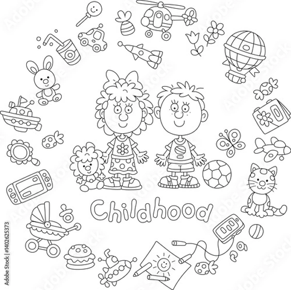 Fototapeta Happy little boy and girl surrounded by their funny toys for games at kindergarten and home, black and white outlined vector illustrations for a coloring book