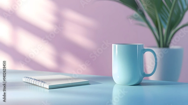 Fototapeta Pastel Hues and Productivity: A minimalist desk scene with a light blue mug and notebook, bathed in soft sunlight filtering through a green plant, evokes a sense of calm focus and creativity.