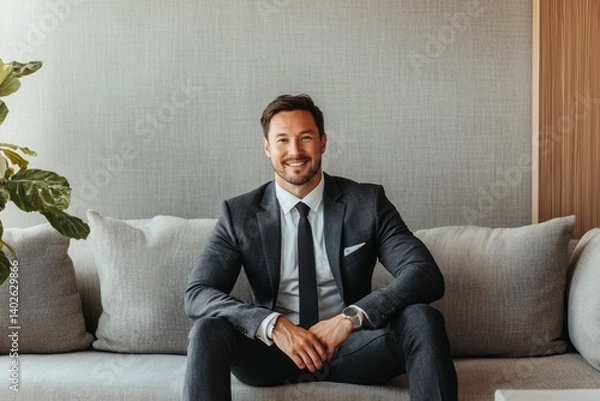 Obraz A handsome man in a suit is sitting on the sofa
