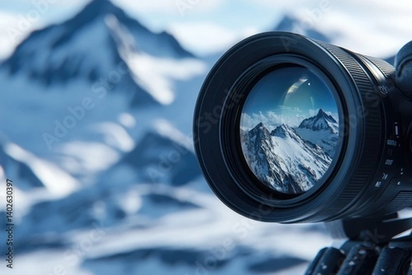 Fototapeta A close-up of the camera lens, showing snow-covered mountains in focus and a reflection on its surface. 
