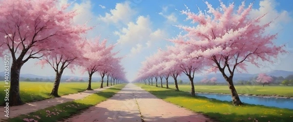 Fototapeta Serene Springtime Pathway Lined with Cherry Blossoms