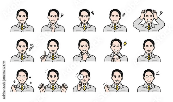 Fototapeta シニア世代の男性作業員の様々な表情バリエーションセット