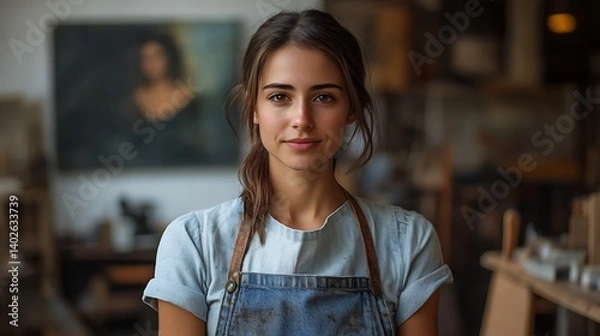 Fototapeta young female painter in creative studio space wearing a worn out denim apron posing for portrait with confidence and artistic flair