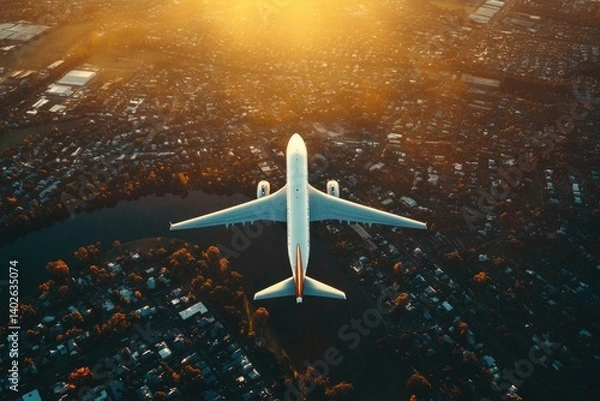 Fototapeta Aerial view of a white airplane flying over a city, an Airbus A320 with its engines visible in the sunset sky.