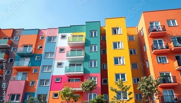 Obraz Vibrant multi-colored modern apartment building exterior, horizontal,  vertical
