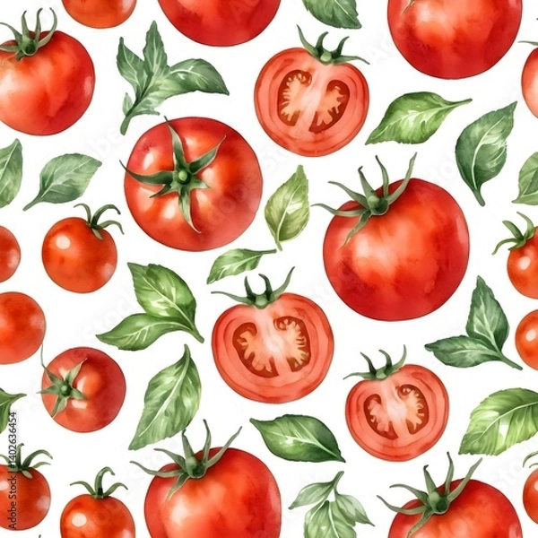 Fototapeta Watercolor Seamless Pattern of Tomatoes and Basil Leaves