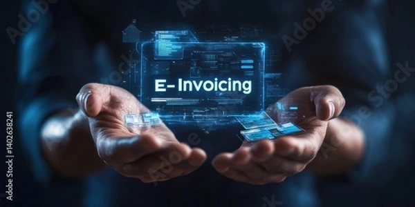 Obraz Hands holding a holographic e-invoicing display in a modern digital environment at night
