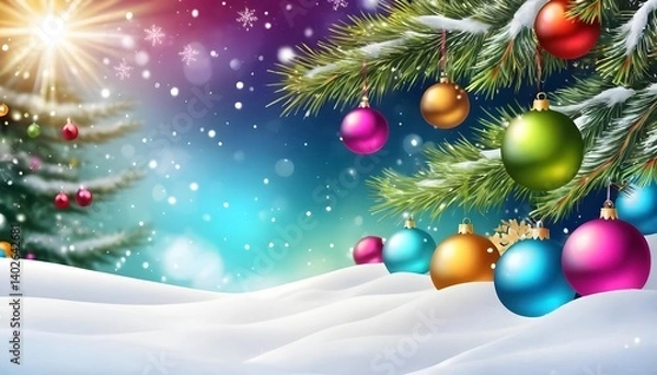Obraz Colorful Christmas Ornaments on Snowy Branches