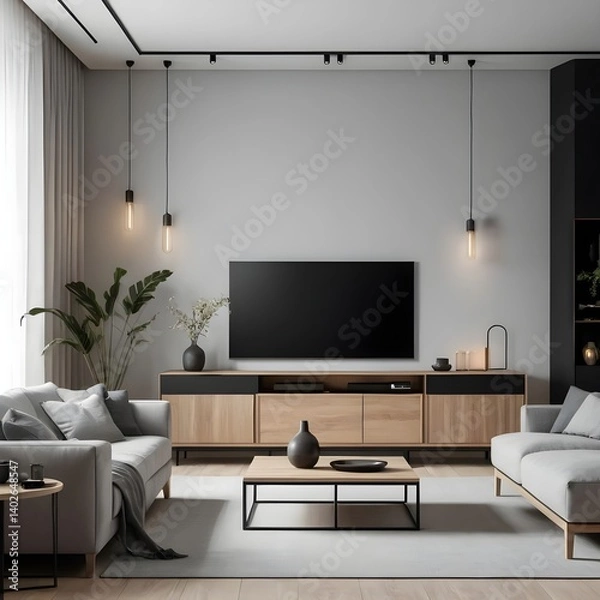 Fototapeta Modern Living Room Interior with Gray Sofa and Oak Media Console