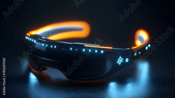 Fototapeta Futuristic Goggles: These futuristic goggles boast an array of illuminating LED lights, casting an electrifying glow on a dark background. Their sleek design, coupled with the vibrant visual effect.