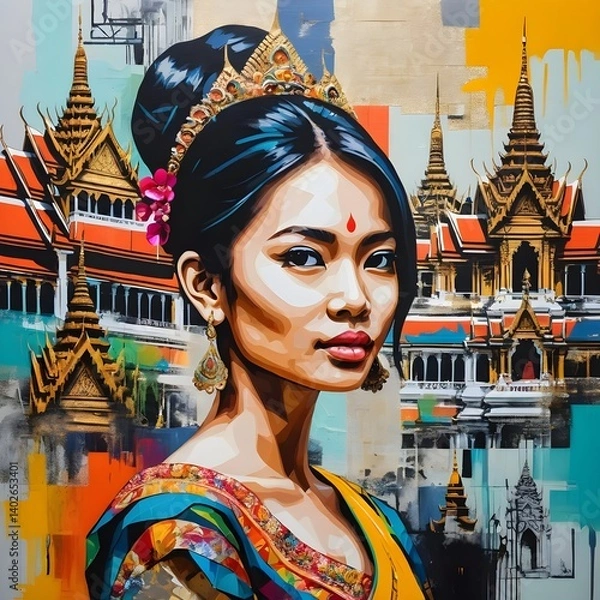Fototapeta Cambodian Woman in Traditional Attire with Royal Palace Background