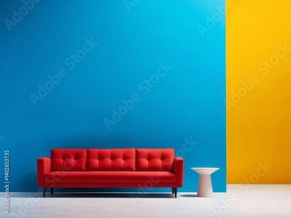 Fototapeta empty room with colorful sofa, 3d illustration