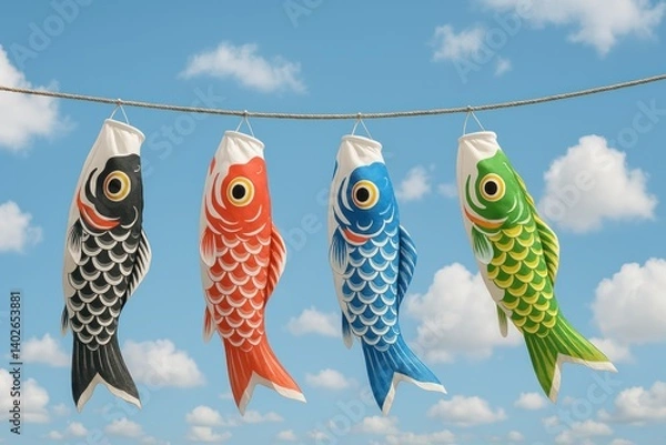Fototapeta  Four colorful koinobori carp streamers hang on a line against a blue sky with fluffy white clouds. Celebrate Golden Week in Japan or National Koi Day. Children’s Day in Japan. Kodomo no Hi
