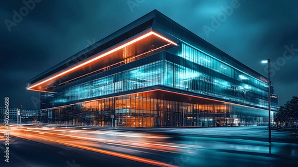 Fototapeta Modern Architecture at Night: A stunning contemporary building illuminated with vibrant orange and blue neon lights, stands majestically against a dark night sky.