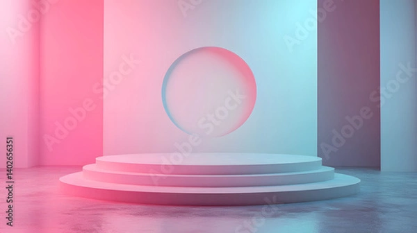 Fototapeta Neon Minimalism Stage: A pristine white stage bathed in ethereal neon light, casting a vibrant pink and blue glow on a minimalist circular backdrop.