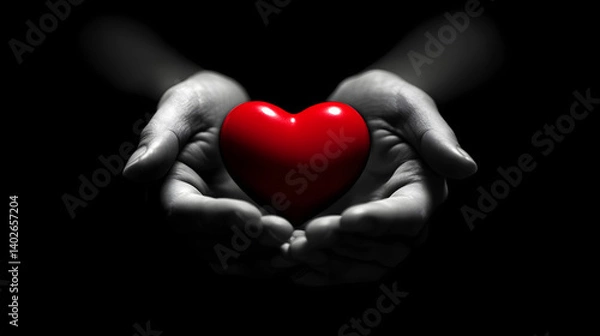 Fototapeta Heart in Hands: A red heart rests gently in cupped hands, symbolizing love, compassion, and care. The monochrome background emphasizes the vibrant red heart.