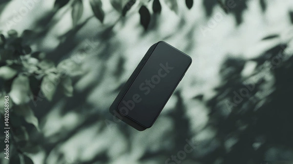 Fototapeta Phone Mockup in Nature: A sleek, dark-colored smartphone mockup floats amidst a softly blurred backdrop of lush green foliage, creating a serene and stylish image.