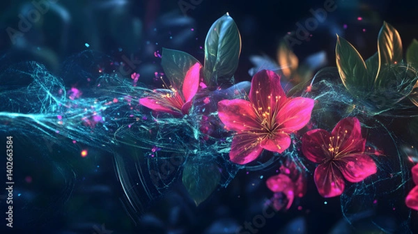 Fototapeta Celestial Bloom: An otherworldly blossom bursts forth, radiating a captivating luminescence amidst a swirling symphony of ethereal light.  Its delicate petals, a vibrant crimson.