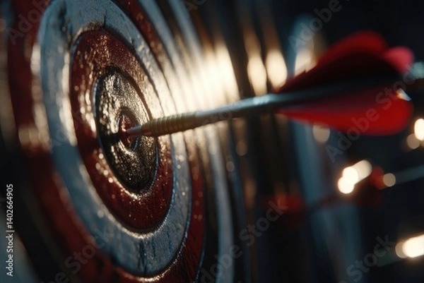 Fototapeta Close-up shot of an arrow hitting the bullseye on a dartboard, symbolizing achievement, target success, and focus with depth of field.