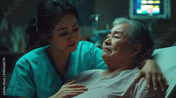 Fototapeta Compassionate Care: A young nurse tenderly comforts an elderly patient in a hospital room, conveying empathy and the importance of human connection in healthcare.
