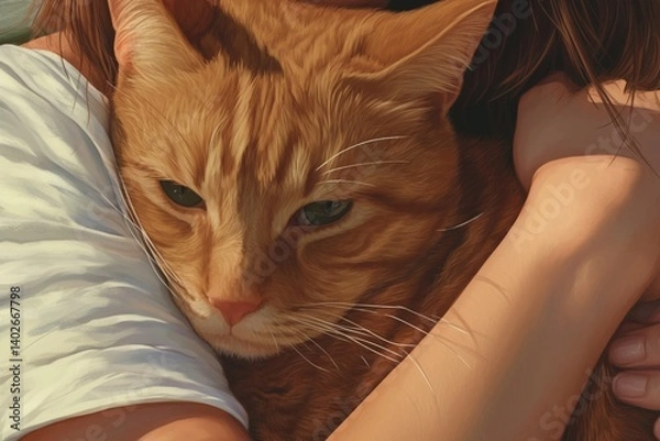 Fototapeta A red tabby cat resting peacefully in a girl's arms on a warm summer evening, captured in stunning photo realism with soft light and tender atmosphere.
