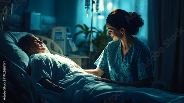 Fototapeta Compassionate Care: A compassionate nurse provides solace and support to a patient in a hospital bed, their eyes locking in a moment of shared understanding and hope.