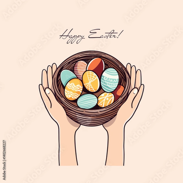 Fototapeta Illustration Happy Easter! Easter card. Basket with dyed eggs. Krashanki. Basket in hands. Post for social networks.