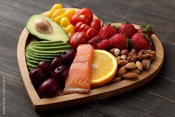 Fototapeta Planted based Lifestyle. A heart-shaped platter features a vibrant assortment of fruits, vegetables, and salmon, promoting healthy eating and a colorful diet.