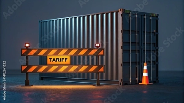 Fototapeta Trade wars disrupt global markets and economic stability. A shipping container behind a barrier labeled "TARIFF" suggests restrictions or regulations related to trade or transportation.