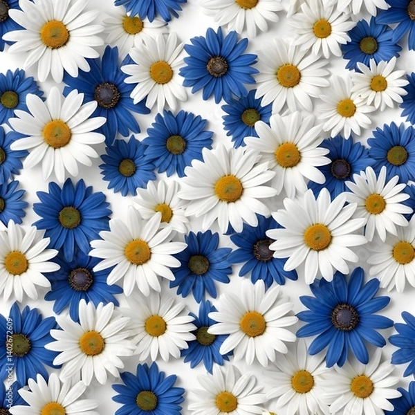 Fototapeta Blue and White Daisies Floral Pattern
