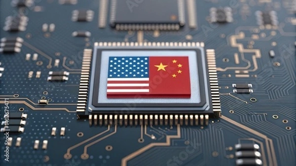 Obraz Trade wars disrupt global markets and economic stability. A microchip featuring the flags of the USA and China, set against a backdrop of intricate circuit patterns 