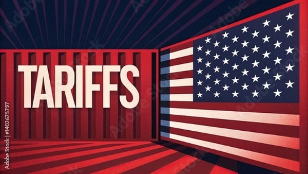 Obraz Trade wars disrupt global markets and economic stability. A bold graphic featuring the word "TARIFFS" and a stylized American flag, conveying themes of trade and economics.