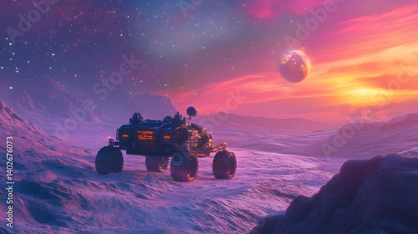 Fototapeta A lone rover on alien soil, a breathtaking alien landscape, a fiery sunset and a distant planet - a mesmerizing futuristic vision: a lone rover traversing a stark and desolate alien landscape.