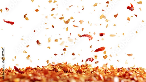 Fototapeta Chili Flakes Falling: A vibrant burst of red chili flakes falls against a clean background, showcasing the intense color and texture of this spice.