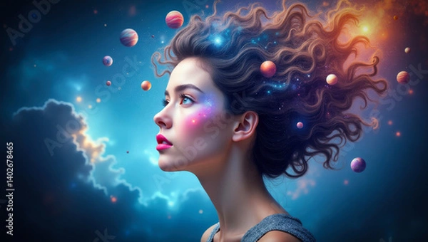 Obraz A young woman with her hair intricately woven with celestial elements like planets and stars, creating a galaxy-like appearance, cosmic fantasy concept