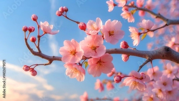 Fototapeta Vibrant cherry blossoms bloom against a clear blue sky in springtime Generative AI