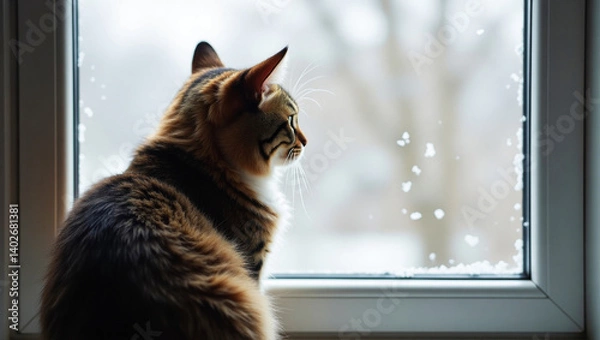 Obraz A domestic cat sitting on a windowsill, looking outside the window that displays a winter scene with falling snow. A calm, warm and serene home atmosphere.