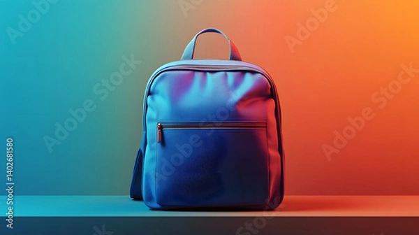 Fototapeta Blue Backpack on Shelf: Stylish blue backpack sitting on a shelf against a vibrant blue and orange background, ideal for back-to-school, travel, or everyday use.