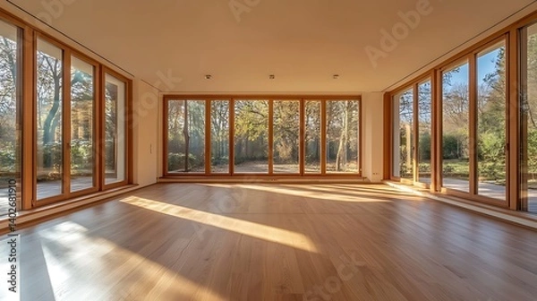 Fototapeta bright and airy yoga studio with wooden floors large windows and minimalist design ideal for healthy living dance classes exercise space and peaceful workouts