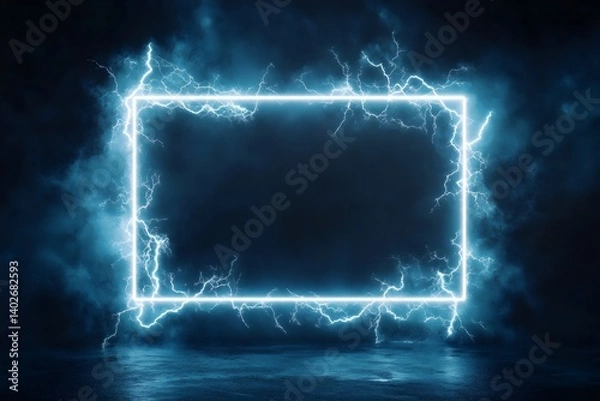 Obraz Electric blue glowing lightning frame border on dark background with blank space for backdrop, poster, banner, cover design