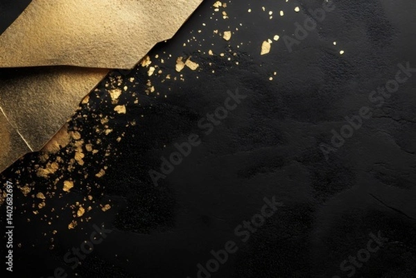 Obraz Gold leaf flakes spilling onto black grunge background with copy space for elegant, luxurious, wealth, premium design