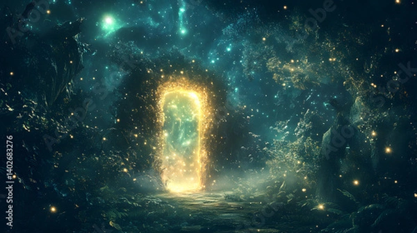 Fototapeta Magical Portal in Enchanted Forest: A mystical glowing portal, framed by shimmering crystals and fireflies, beckons the viewer into an enchanted forest at night, promising adventure and wonder.