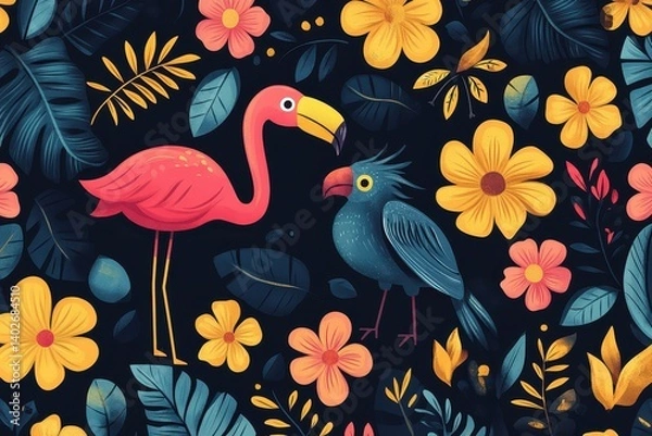 Fototapeta Flamingo and Parrot Tropical Floral Design Dark Background