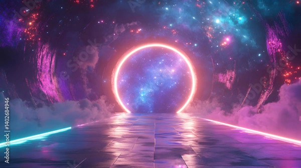 Fototapeta Neon Portal to the Cosmos: A vibrant, otherworldly scene featuring a glowing neon ring portal, cosmic nebulae, and neon light trails, creating a surreal and futuristic landscape.