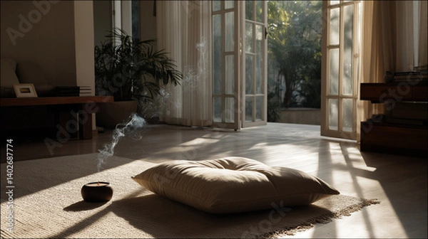 Fototapeta A serene sunlit room with a cushion and drifting incense