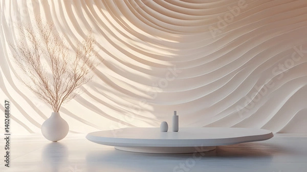 Fototapeta Minimalist Interior Design:  A serene and stylish minimalist interior scene features a round white platform, a white vase with dried pampas grass.