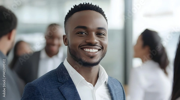 Fototapeta Confident Businessman Portrait: A successful and happy African American businessman smiles confidently, standing out amongst blurred colleagues in a modern office setting.