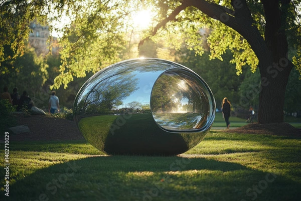 Fototapeta j. Meditation capsule reflecting sunlight, park-goers walking nearby, futuristic yet harmonious with nature 