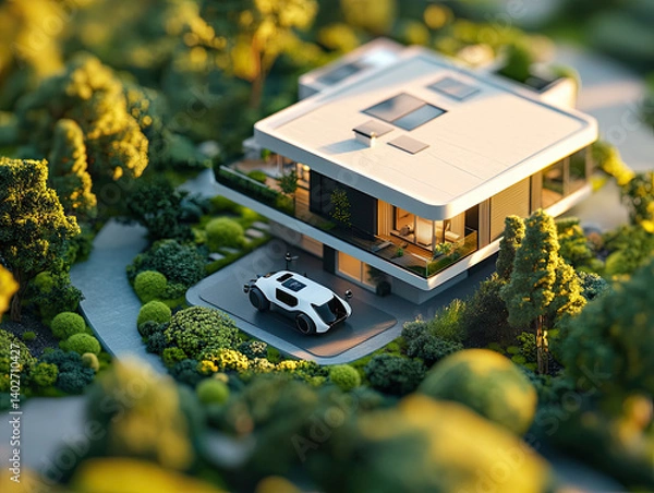 Fototapeta l. Compact home maintenance drone inspecting smart home systems, sleek suburban environment, clean daylight 