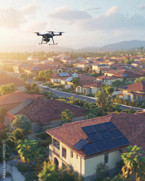 Fototapeta o. Maintenance drone flying near solar panels, suburban homes visible, smart automation concept in morning light 